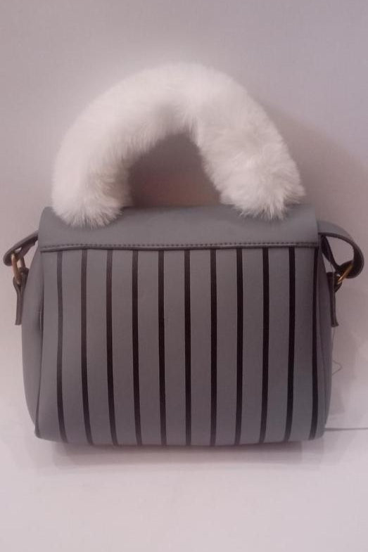 Elegant Gray Handbag with White Faux Fur Handle