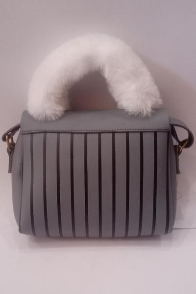 Elegant Gray Handbag with White Faux Fur Handle