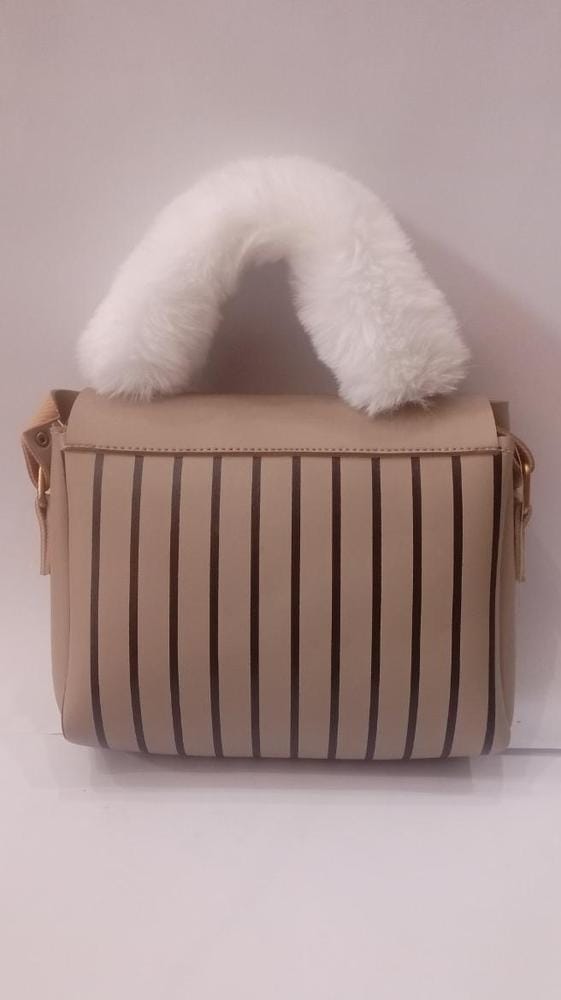 Soft Beige Handbag with White Faux Fur Handle