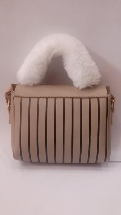 Soft Beige Handbag with White Faux Fur Handle