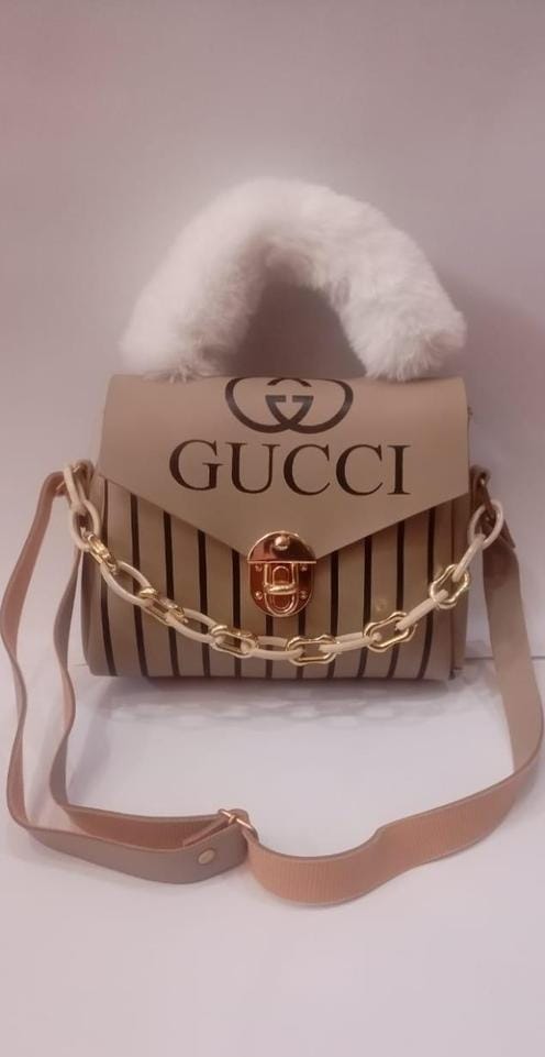 Soft Beige Handbag with White Faux Fur Handle
