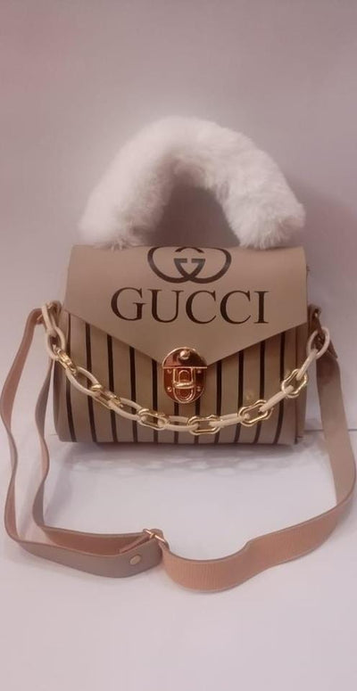 Soft Beige Handbag with White Faux Fur Handle