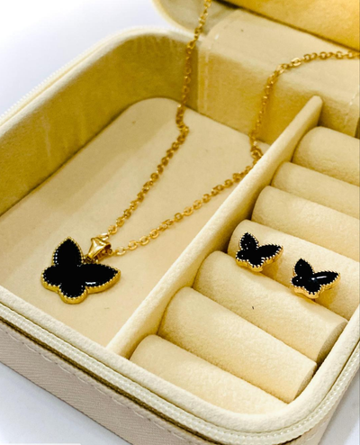 Black Beauty: Gold-Plated Butterfly Pendant & Earring Set