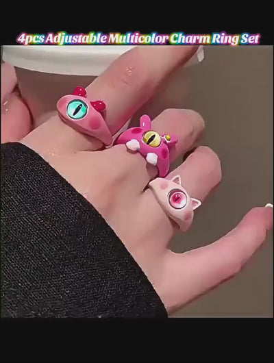Monster Magic: 4pcs Adjustable Multicolor Charm Ring Set