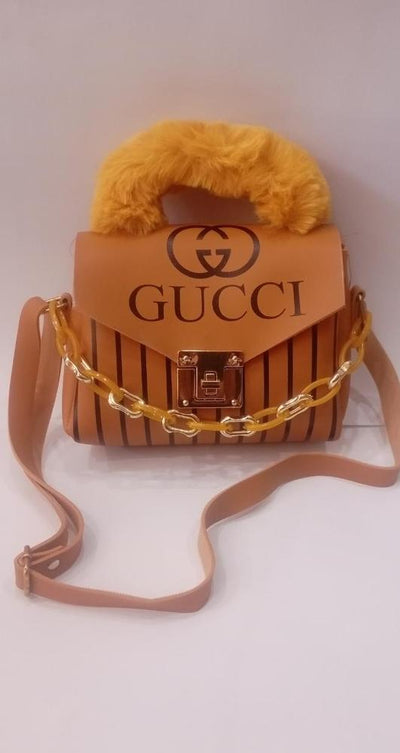 Caramel Brown Luxe Handbag with Golden Faux Fur Handle