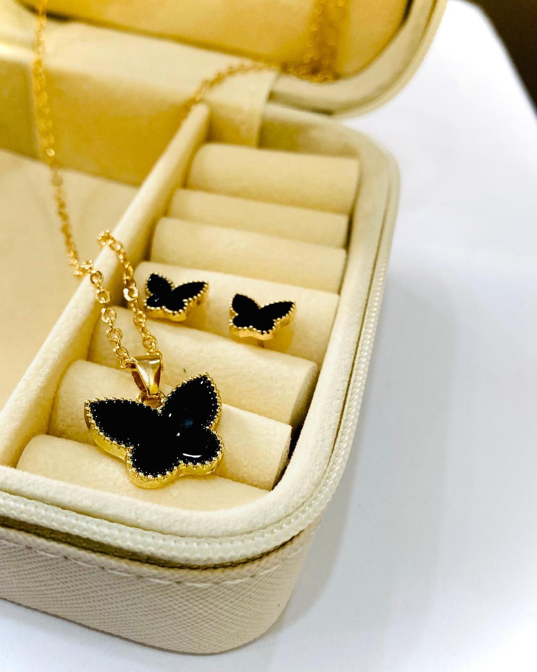 Black Beauty: Gold-Plated Butterfly Pendant & Earring Set