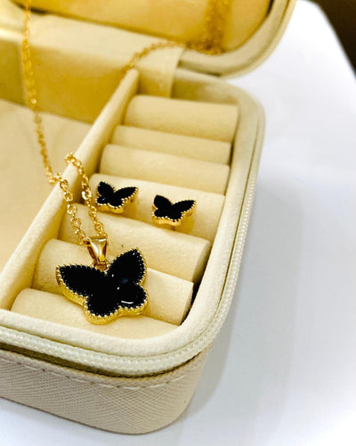 Black Beauty: Gold-Plated Butterfly Pendant & Earring Set