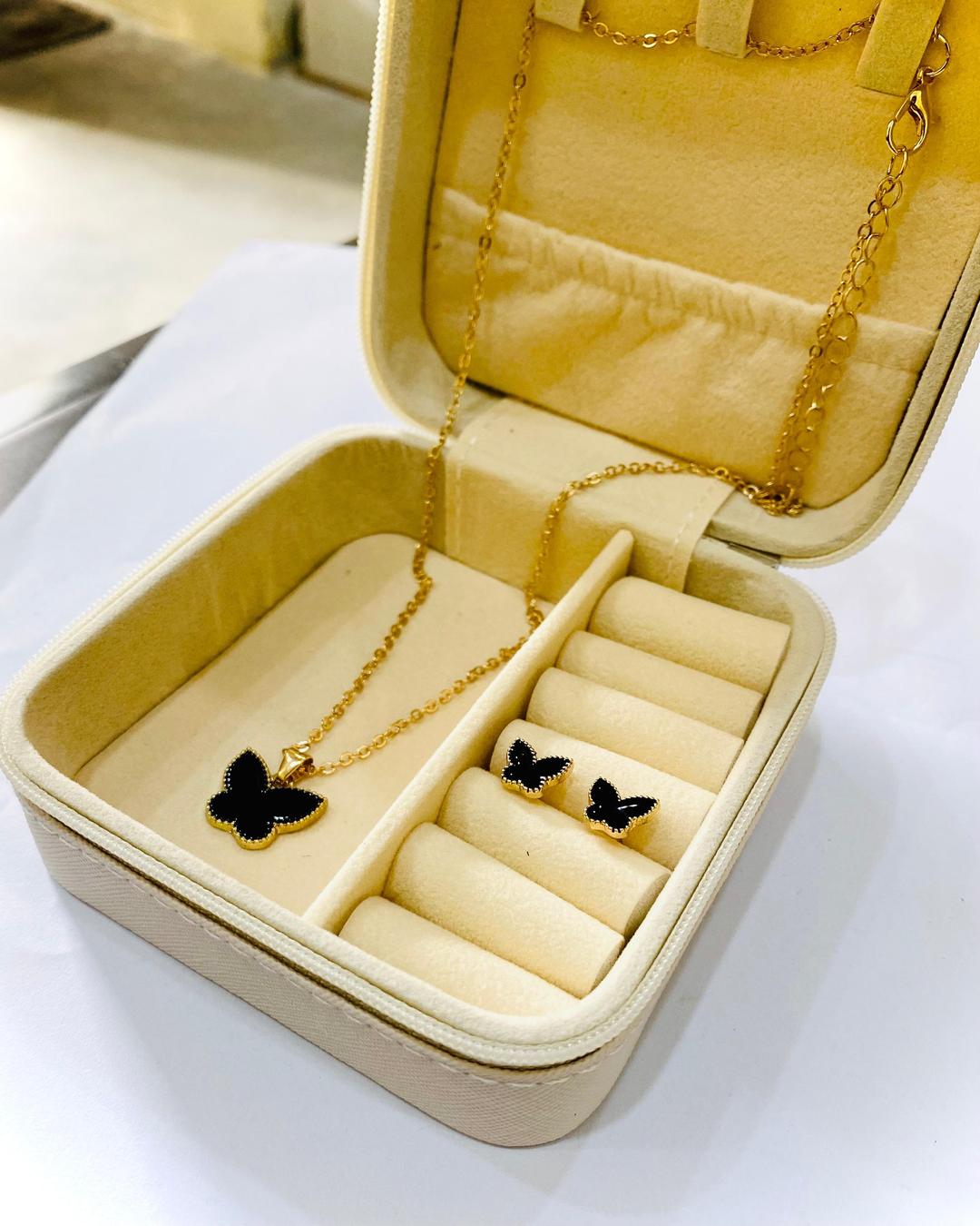 Black Beauty: Gold-Plated Butterfly Pendant & Earring Set