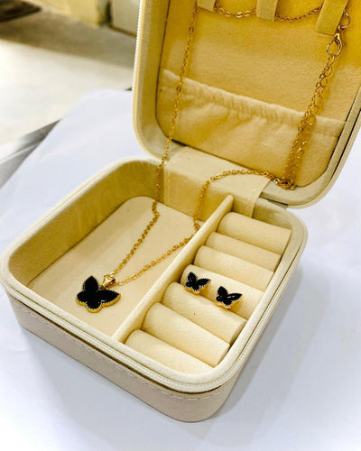 Black Beauty: Gold-Plated Butterfly Pendant & Earring Set