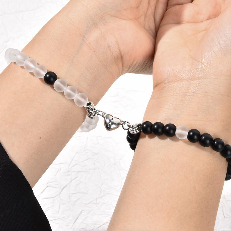2pc Magnetic Couple Bracelets – Black Beaded Charm Friendship Jewelry (Unisex)