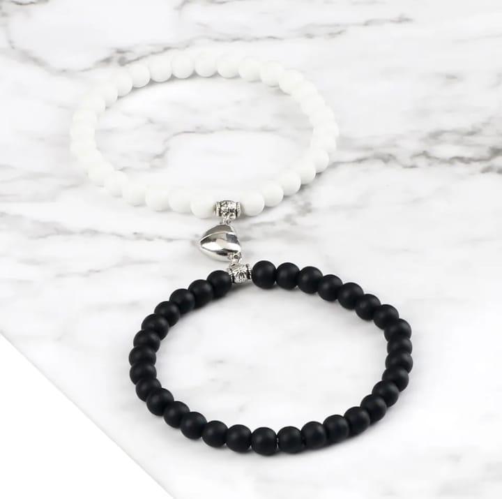 2pc Magnetic Couple Bracelets – Black Beaded Charm Friendship Jewelry (Unisex)