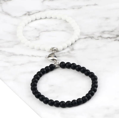 2pc Magnetic Couple Bracelets – Black Beaded Charm Friendship Jewelry (Unisex)