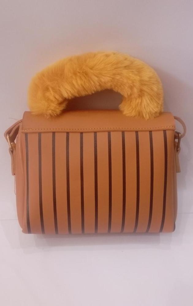 Caramel Brown Luxe Handbag with Golden Faux Fur Handle