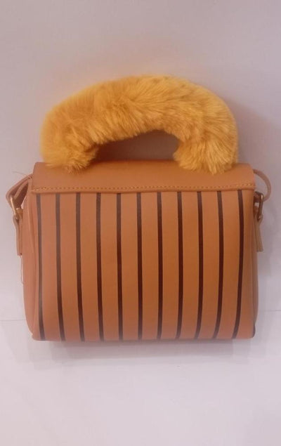 Caramel Brown Luxe Handbag with Golden Faux Fur Handle
